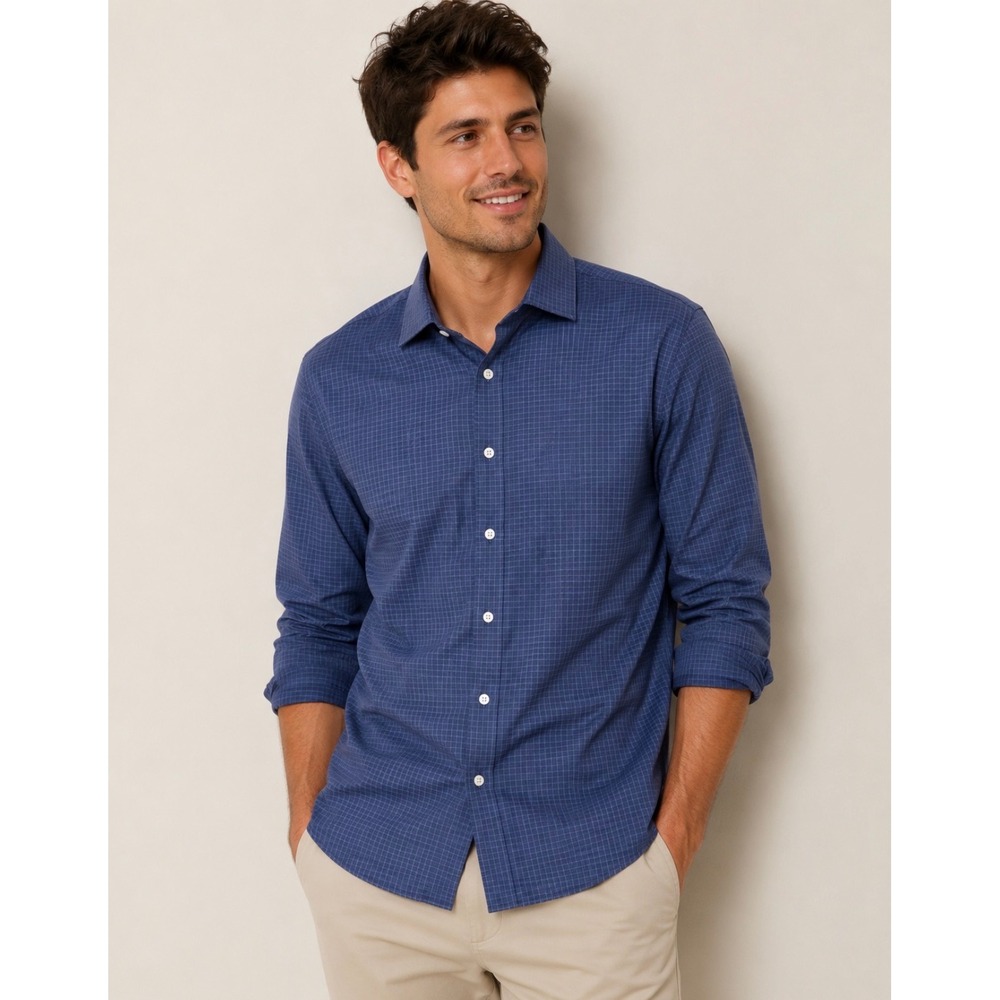 Fairlane The 24/7 Shirt Mens Large Blue Grid Non-Iron Stretch Regular Fit NWT